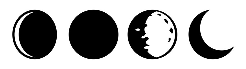 Four phases of the moon celestial body orbiting earth showing crescent gibbous full new phases