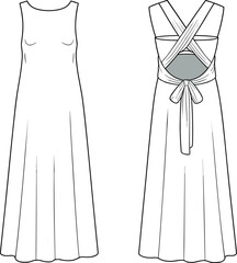 Women's stylish maxi dress with criss-cross tie-back fashion flat technical sketch vector illustration for apparel design and clothing template.