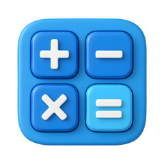 Fototapeta premium 3D calculator icon, blue square button with math symbols, isolated on transparent background