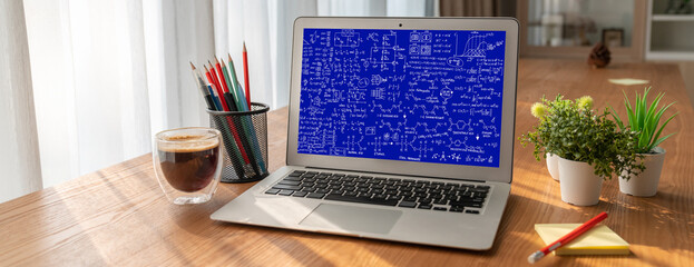 Mathematic equations and modish formula on computer screen showing concept of science and education