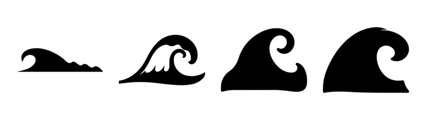 Dynamic ocean wave series showing growth and power in black silhouette