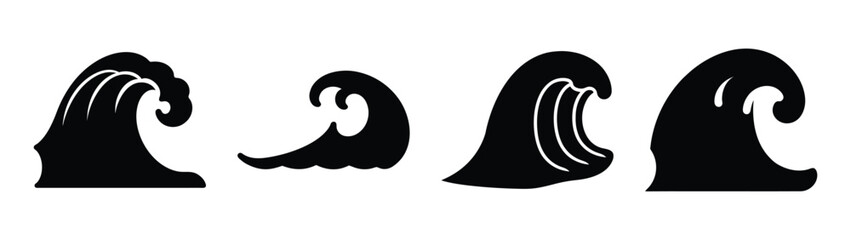 Four distinct silhouette ocean waves crashing dynamic water movement artistic representation nature aquatic