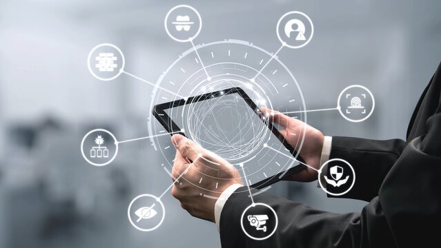 Cyber security icons show cyber attack defense, malware protection, and data security. Cybersecurity prevents hacking, ensures safety, and strengthens cyber attack resilience. Gist - Powered by Adobe