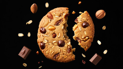 protein cereal cookie broken in half levitation. crunchy granola biscuit floating in mid-air with oat flakes, chocolate chips. Healthy muesli cookie with chocolate flying on black. high protein snack