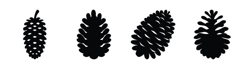 Four stylized dark pine cones shown in silhouette with varied orientations and details for a natural organic theme