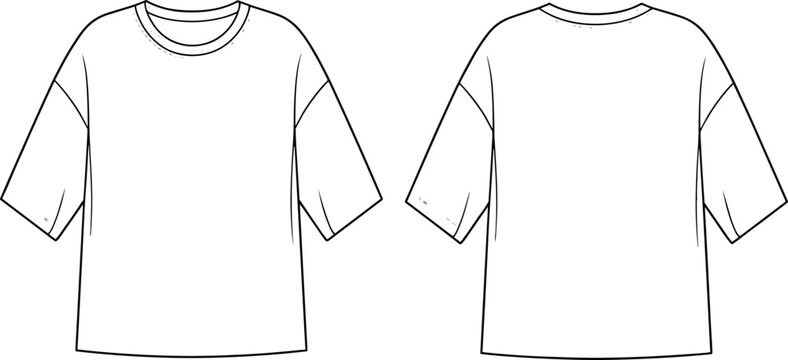Unisex oversized boxy fit t-shirt fashion flat technical sketch vector illustration for apparel design and clothing template.