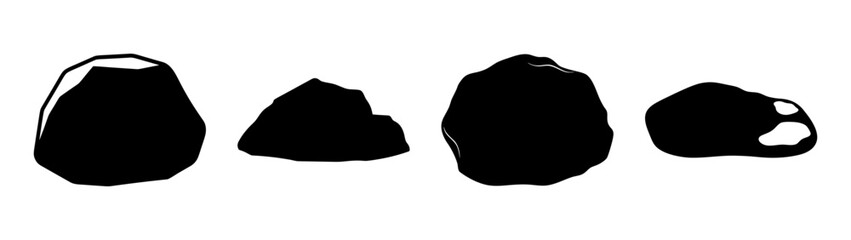 Collection of four dark rough natural stones or pebbles in a linear arrangement each unique in shape and texture