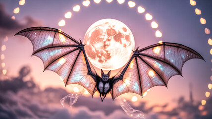 Shiny metallic bat wings under pink full moon, dreamy Halloween sky with sparkles
