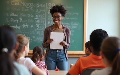 Black elementary school teacher holding a class in the classroom. High quality