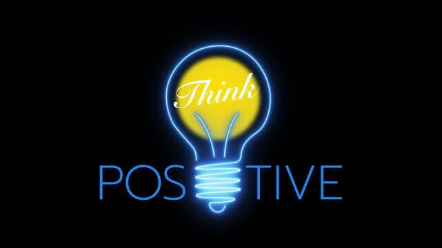 An animated neon light bulb with "Think" inside and "POSITIVE" text below. Represents optimistic thinking, creative idea, motivation, and self-improvement.