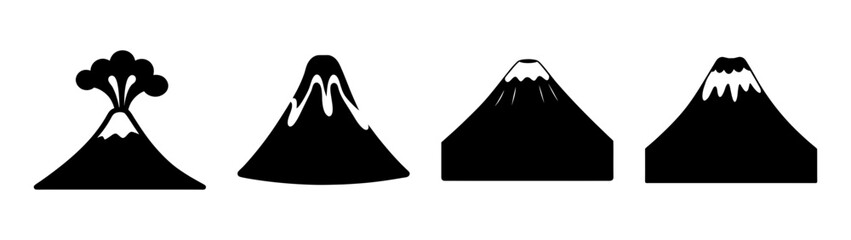 Four stylized volcano icons set various erupting and dormant mountain shapes