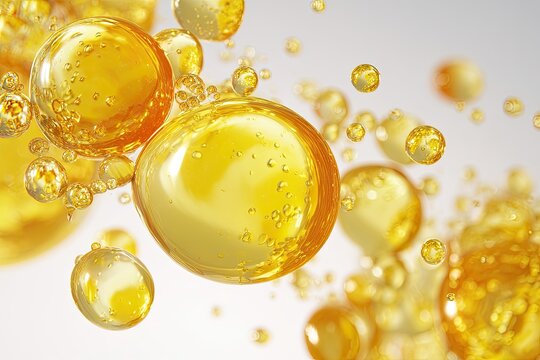 Golden liquid spheres with small bubbles against bright backdrop