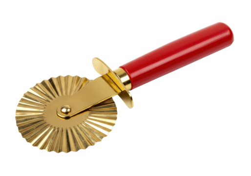 Fluted pastry wheel isolated on transparent background, golden pasta cutter with red handle for baking and cooking use