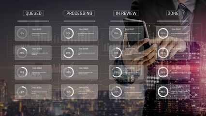 Task management tool dashboard showing kanban-style workflow with columns for to do, in progress,...