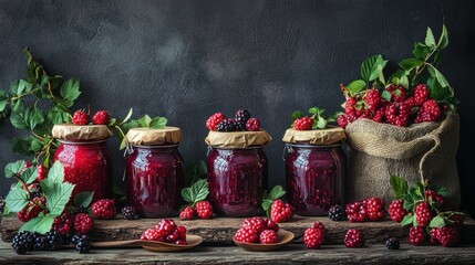 Various jars of homemade jam lined up on a wooden stand in an outdoor market.


