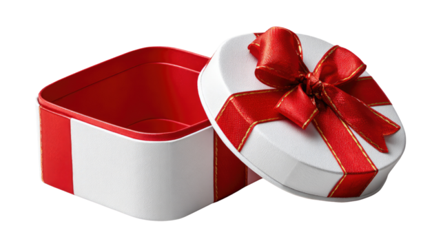 Open Gift Box: A striking gift box, its vibrant red interior contrasting with the pristine exterior, adorned with a decorative red ribbon.