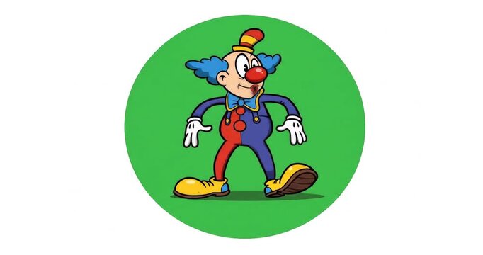cartoon clown with blue hair and a red nose walking in a green circle.