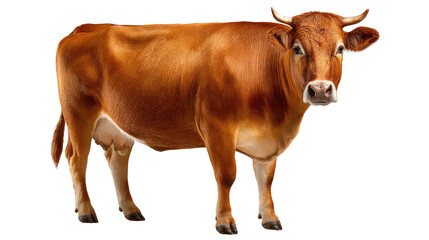 Majestic Bovine: A full shot of a stately cow with a warm, reddish-brown coat, showcasing its robust build and the gentle curve of its horns.