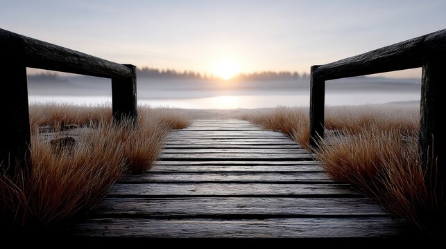 Wooden bridge to serene lake reeds in foreground rustic wooden bridge extends to tranquil lake reeds grace foreground forming peaceful waterscape