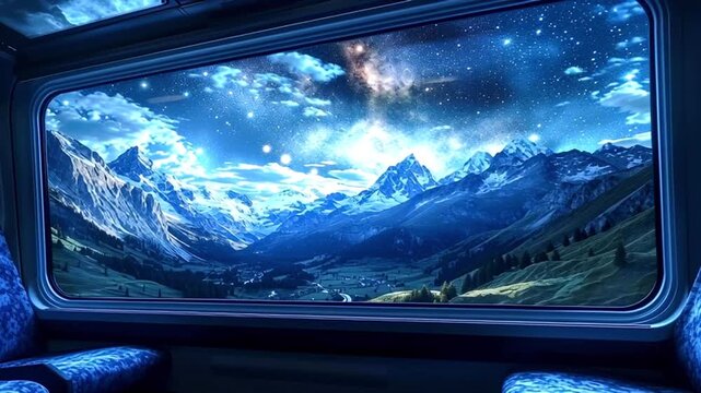 Magical journey through a snowy mountain valley seen from a futuristic train window, with a breathtaking starry night sky, shimmering clouds, and the luminous milky way galaxy in the background