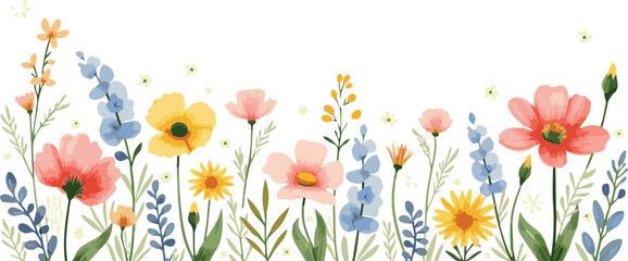 Summer banner with colorful wildflowers and abstract green plants, isolated watercolor illustration for card, border, wallpaper, poster or template yo