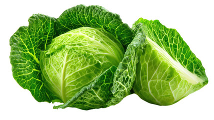 Savoy Cabbage: A close-up shot of a head of savoy cabbage and a cut segment, displaying its crinkled leaves and vibrant green hue, symbolizing fresh produce and healthy eating.