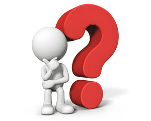 Confused 3d man character pondering a large red question mark symbol deep in thought
