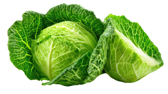 Savoy Cabbage: A close-up shot of a head of savoy cabbage and a cut segment, displaying its crinkled leaves and vibrant green hue, symbolizing fresh produce and healthy eating.
