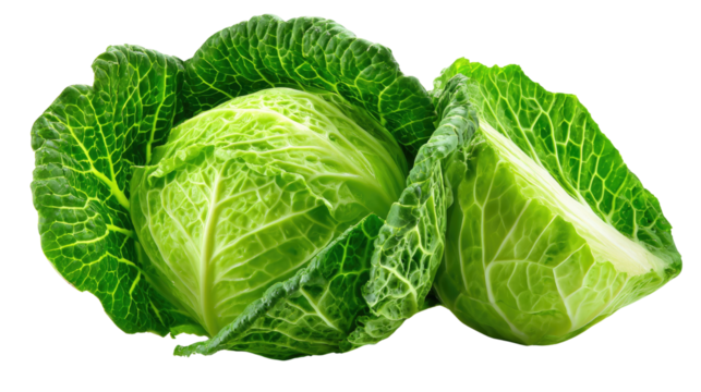 Savoy Cabbage: A close-up shot of a head of savoy cabbage and a cut segment, displaying its crinkled leaves and vibrant green hue, symbolizing fresh produce and healthy eating.