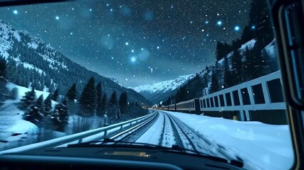 Stunning point of view drive on a snowy road through a mountain valley, moving parallel to a passenger train under a magical, starry night sky with gentle snowfall