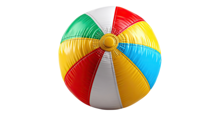 Beach Ball: A vibrant beach ball, with panels of red, yellow, green, blue and white colors, is isolated on a background, evoking feelings of summer and carefree fun.
