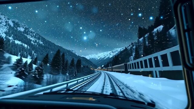 Stunning point of view drive on a snowy road through a mountain valley, moving parallel to a passenger train under a magical, starry night sky with gentle snowfall
