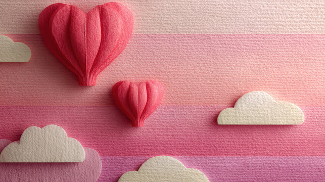 Colorful paper hearts float among soft clouds on a gradient background, creating a whimsical and romantic atmosphere with a playful, artistic touch - Powered by Adobe
