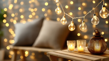 A cozy indoor setting featuring warm fairy lights, softly glowing candles, and decorative lanterns on a wooden table, creating a tranquil and inviting atmosphere