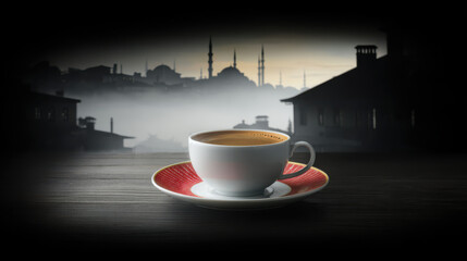 A white coffee cup with a red saucer sits on a wooden table, against a misty cityscape featuring silhouettes of minarets and buildings at dawn