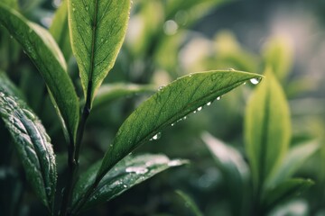 Fresh green leaves covered with morning dew symbolizing purity, freshness, and a clean environment.