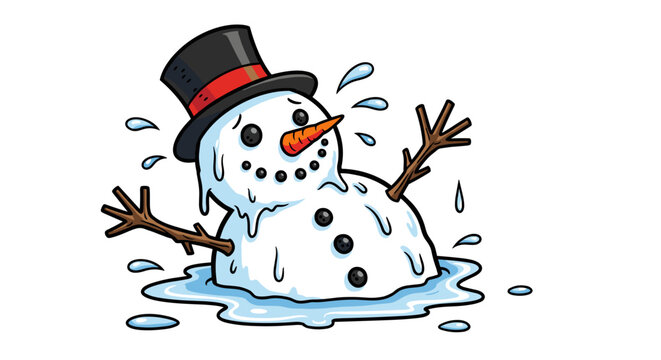 Melting Snowman Character Degrading in a Puddle on White - Cartoon Illustration of Climate Change and Global Warming Effects, Expressing Winter Holiday Season Ending with Sadness, Perfect for Educatio