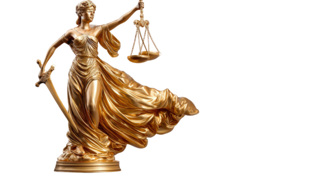 Golden Lady of Justice: An opulent statue of Lady Justice, resplendent in gold, symbolizes law, fairness, and the balanced scales of jurisprudence.