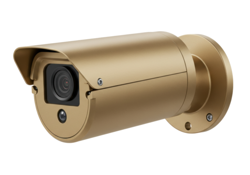 Gold bullet security camera isolated on transparent background, surveillance equipment for home security and commercial use