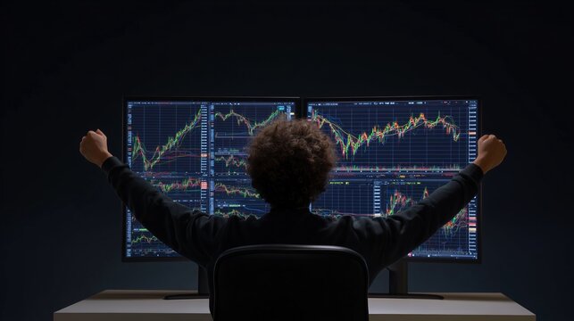 A young man with curly hair celebrates in front of multiple computer screens displaying stock market graphs and data. The scene conveys success in trading.