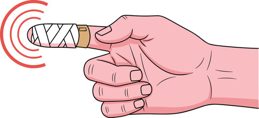 Bandaged Finger Experiencing Pain: A Cartoon Illustration of a Swollen Injured Index Finger Wrapped in Gauze, Signifying Trauma and Discomfort, Ideal for Healthcare Education and Medical Presentations