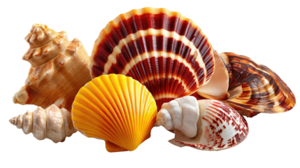 Coastal Treasures: An assortment of beautifully patterned seashells from the ocean's depths, each boasting unique textures and colors. A scene of tranquil seascape.