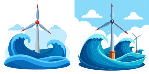 Set Of Minimalist Flat Illustration of Ocean Wave Energy Turbine, Isolated on Transparent Background