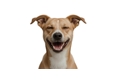 Joyful dog with eyes closed, smiling with its mouth open wide, captured in a close-up studio portrait