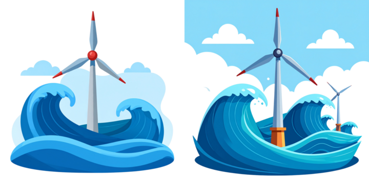 Set Of Minimalist Flat Illustration of Ocean Wave Energy Turbine, Isolated on Transparent Background - Powered by Adobe