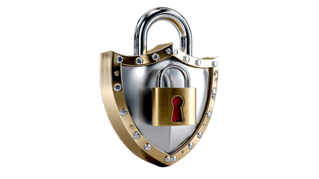 Security Shield: A meticulously crafted lock rests protectively within a shining shield, symbolizing safeguarding and data privacy. The image conveys the essence of protection and digital safety.