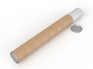 3D Realistic cardboard tube mockup with cap and rolled white poster inside, isolated. Blank kraft paper tube for showcasing artwork, poster, shipping posters, artwork, documents or parcel packaging