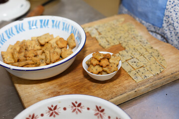 Close-up of handmade canapés