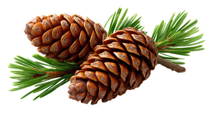 Pine Cones and Evergreen Sprig: A close-up captures two textured pine cones, accompanied by a vibrant sprig of evergreen needles, exuding the serene beauty of the wilderness.
