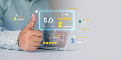 Customer satisfaction feedback with five star online review rating, positive client testimonial,...